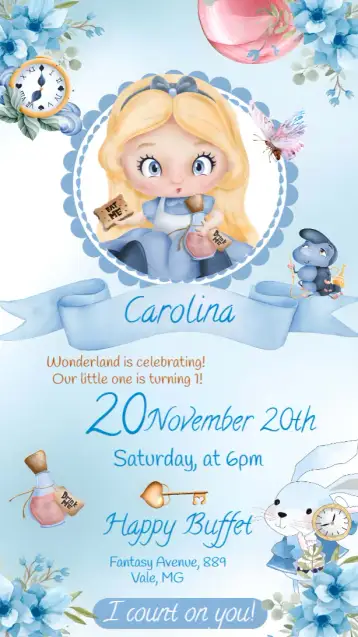 Convite Alice In Wonderland Watercolor Cute para children's birthday party with alice in wonderland theme. – tema most searched for (watercolor, floral, colorful, playful, childlike, vintage)