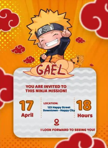 Convite Naruto Kids para children's birthday with naruto theme. – tema kids' birthday party (colorful, anime-themed, ninja-inspired, fun-filled, child-friendly, dynamic)