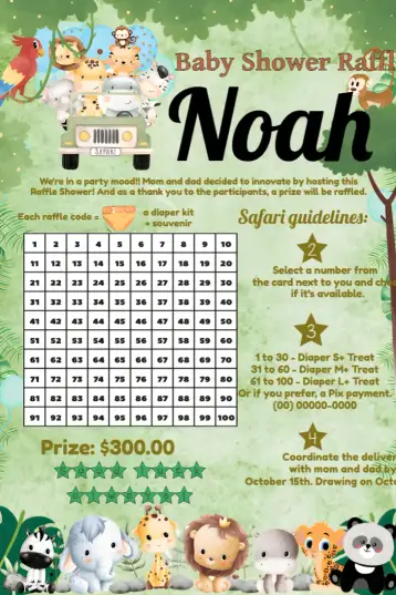 Convite Safari Baby Shower Raffle Tea With para safari-themed baby shower. – tema most searched for (safari, tropical, animals, nature, green and brown, adventure)