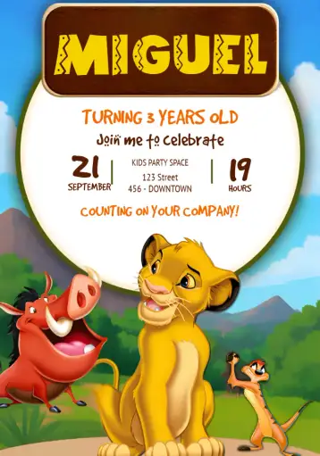 Convite The Lion King Reileão para children's birthday – tema kids' birthday party (wild, colorful, fun, themed, animals, nature)