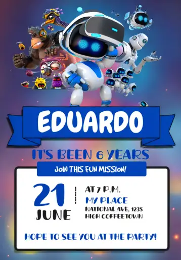 Convite Astro Blue Bot para children's birthday with a robot theme. – tema most searched for (gamer, modern, fun, colorful, technological, childish)