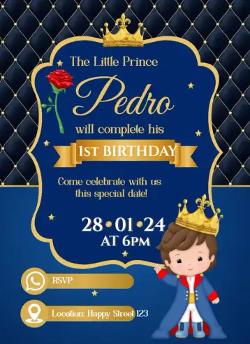 Convite Royal Blue Prince para kids birthday – tema kids' birthday party (blue, royalty, children's theme, magical, fun, charming illustrations)