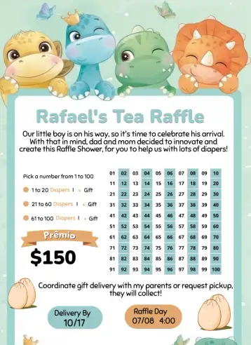 Convite Baby Dinosaurs para raffle tea for celebrating the arrival of a baby. – tema raffle tea (colorful, animals, nature, fun, childlike, safari)