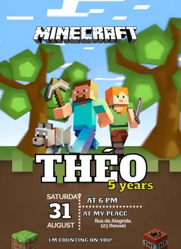 Invitation Minecraft – Kids' Birthday Party theme colorful, gamer, modern, themed, funny