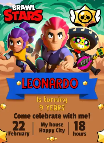 Convite Main Brawl Stars Trio para kids' birthday party with gaming theme. – tema kids' birthday party (modern, colorful, playful, games, adventure)