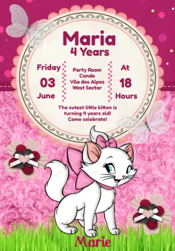Convite Pink Marie Kitten para children's birthday – tema most searched for (pink, red, floral, childish, delicate, fun)