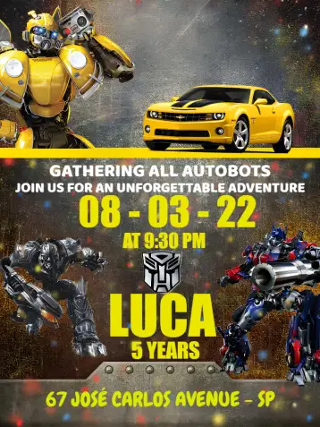 Convite Blue Transformers para children's birthday with transformers theme. – tema most searched for (blue, modern, themed, fun, colorful)
