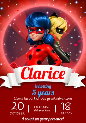 Convite Lady Bug And Cat Noir Miraculous para miraculous-themed children's birthday. – tema most searched for (red, purple, white, black, colorful, superhero-themed)