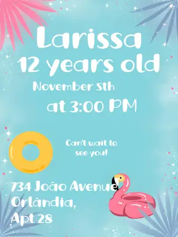 Convite Pool Party Pool Float para birthday at a pool party. – tema most searched for (tropical, colorful, fun, flamingo, summery, jovial)