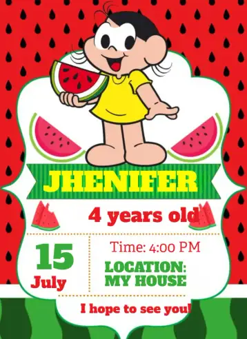 Convite Magali Eating Watermelon para children's birthday – tema kids' birthday party (colorful, fun, childish, tropical, cartoon, cheerful)