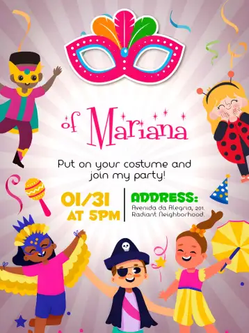 Convite Children's Carnival Block Party para children's birthday with a carnival theme. – tema commemorative dates (colorful, fun, playful, festive, cheerful, tropical)