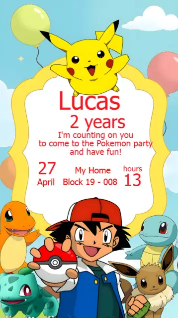 Invite Pokemon Ash editable and customizable