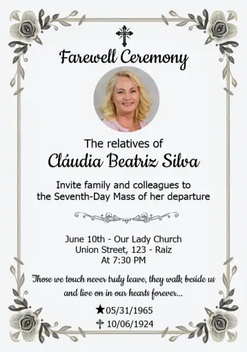 Convite Seventh Day Mass With Religious Photo para seventh day mass in honor of loved ones. – tema commemorative dates (floral, delicate, religious, minimalist, serene, soft)