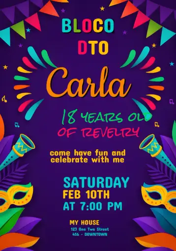 Convite Carnival Block Ball para birthday with carnival theme. – tema birthday (colorful, carnival, fun, joyful, themed party, vibrant)