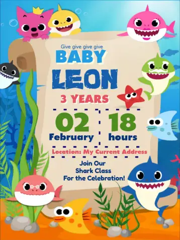 Convite Baby Shark Sea Theme para kids' birthday party. – tema kids' birthday party (navy blue, colorful, aquatic theme, fun, childlike, cheerful illustration)