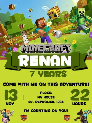 Convite Black Minecraft para kids’ birthday party with minecraft theme. – tema most searched for (Minecraft, black, modern, funny, themed, block style)