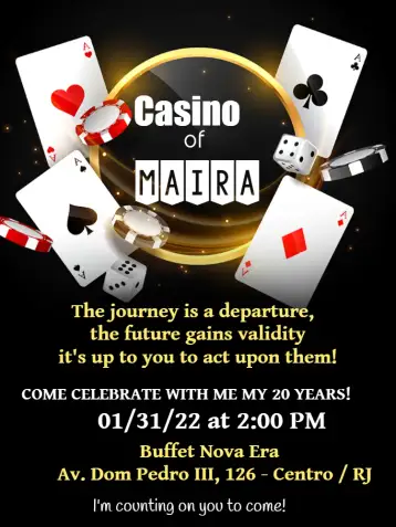 Convite Red Casino para casino-themed birthday. – tema most searched for (casino, red, gray, glamorous, games, elegant)