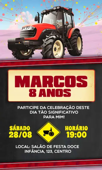 Convite Trator Vermelho editável e personalizável