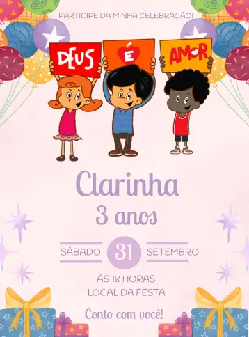 Convite Tres Palabritas Digital para cumpleaños infantil – tema más buscados (morado y blanco, acuarela, divertido, infantil, colorido)