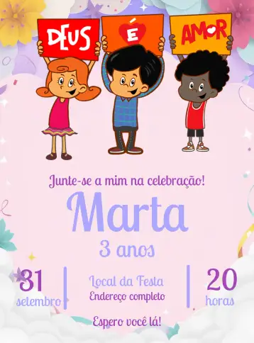 Convite Three Little Words Make para children's birthdays and themed parties. – tema most searched for (pink, lilac, fun, childish, colorful, playful)