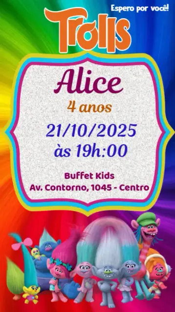 Convite Trolls para aniversário infantil com tema trolls. – tema aniversário infantil (colorido, divertido, lúdico, temático, vibrante)
