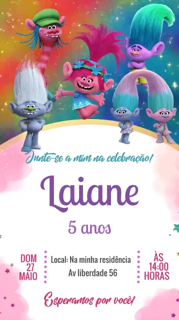 Convite Trolls para aniversário infantil – tema aniversário infantil (rosa, brilho, divertido, colorido, temático, infantil)