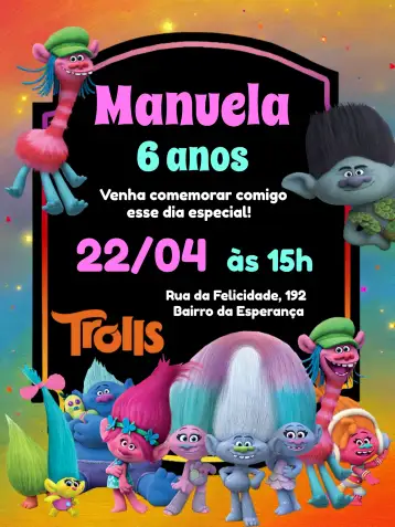 Convite Trolls Colorido para cumpleaños infantil – tema más buscados (colorido, divertido, infantil, trolls, moderno, ilustraciones animadas)