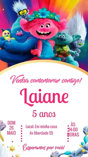 Convite Trolls editável e personalizável