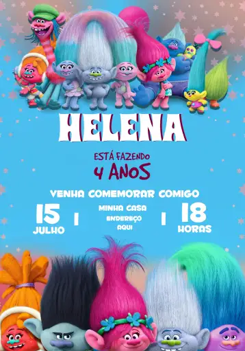 Convite Trolls Laranja para aniversário infantil – tema mais pesquisados (colorido, lúdico, divertido, temático, infantil)