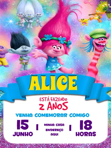 Convite Trolls Trolls1 editável e personalizável