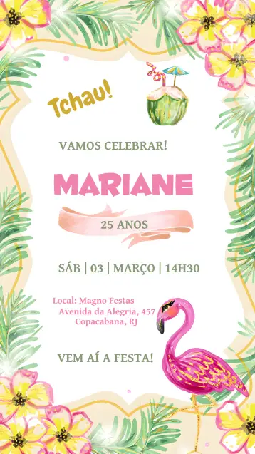 Convite Tropical Dorado para cumpleaños adulto con temática tropical. – tema cumpleaños (tropical, dorado, hawaiano, purpurina, moderno, vibrante)