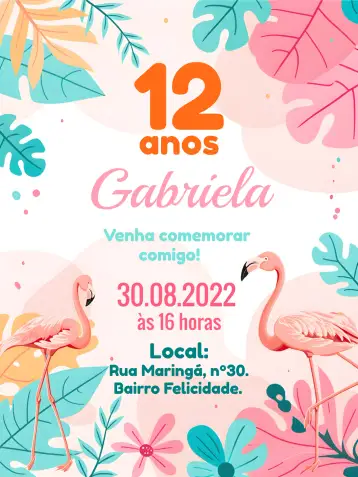 Convite Tropical Rosa para aniversário com temática tropical e descontraída. – tema aniversário (tropical, colorido, floral, verão, delicado)