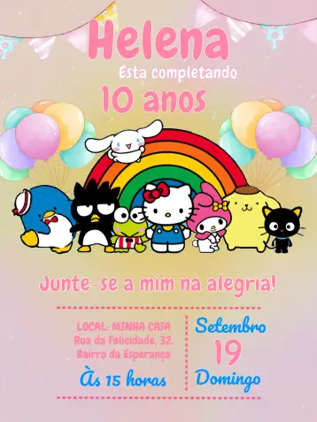 Convite Turma Da Hello Kitty Kity para aniversário infantil – tema aniversário infantil (colorido, infantil, divertido, temático, moderno)