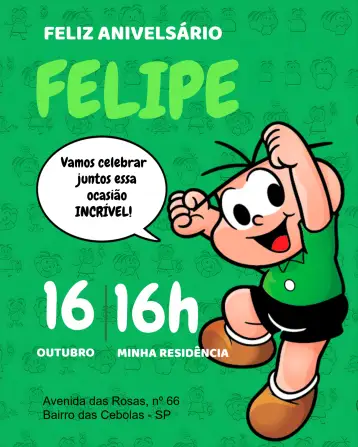 Convite Turma De La Mónica Cebolino Cómics para cumpleaños infantil – tema cumpleaños infantil (colorido, cómico, divertido, infantil, temático)