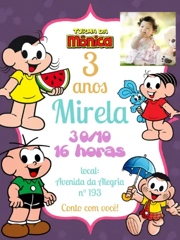 Convite Turma De Mónica Con Foto Azul para cumpleaños infantil – tema cumpleaños infantil (azul, blanco, lila, divertido, infantil, colorido)