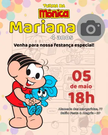 Convite Turma De La Mónica Con Foto Sansón para cumpleaños infantil – tema cumpleaños infantil (colorido, divertido, historietas, infantil, lúdico)
