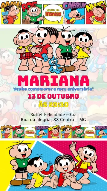 Convite Turma Da Mônica De para children's birthday – tema kids' birthday party (colorful, fun, childish, comics, modern)