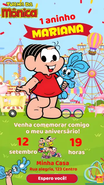 Convite Monica's Gang Amusements para children's birthday with monica's gang theme. – tema kids' birthday party (colorful, playful, entertainments, childlike, park, themed)