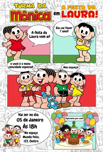 Convite Turma da Mônica em Historia em Quadrinhos para aniversário infantil com temática da turma da mônica. – tema mais pesquisados (colorido, lúdico, quadrinhos, infantil, divertido)