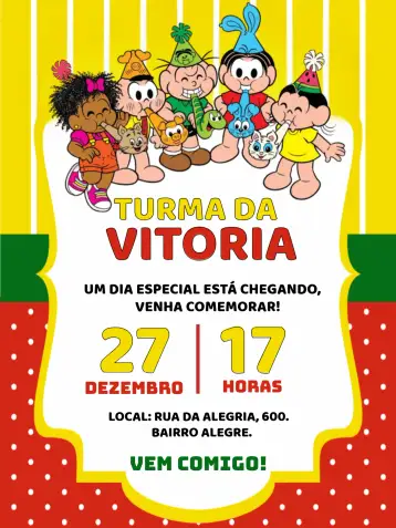 Convite Turma Da Mônica Monica para aniversário infantil – tema aniversário infantil (colorido, divertido, infantil, ilustrações de quadrinhos, moderno)