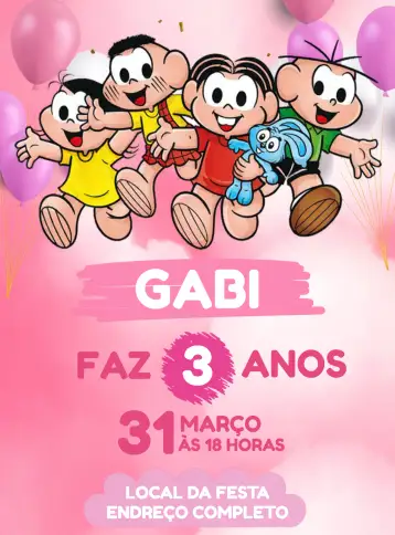 Convite Turma Da Mónica Chica para cumpleaños infantil. – tema cumpleaños infantil (colorido, divertido, infantil, temático, ilustraciones clásicas)