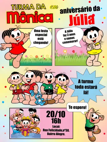 Convite Monica's Gang Comics Comic Book para children's birthday – tema kids' birthday party (colorful, childish, comic book, fun, playful)