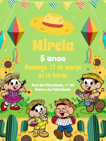 Convite Turma Da Mônica São João Colorido para fiesta de san juan o fiesta junina. – tema fechas conmemorativas (colorido, divertido, infantil, junino, ilustrativo)