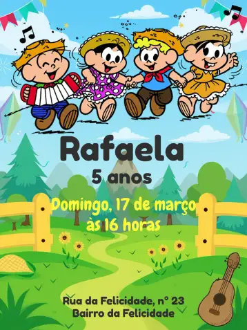 Convite Turma Da Mônica São João Junina para são joão themed party and children's birthdays. – tema commemorative dates (colorful, fun, childish, cheerful, traditional, festive)