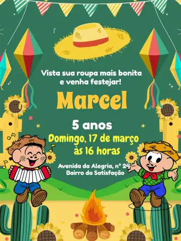 Convite Turma Da Mónica San Juan Cuadrilla para fiesta junina y cuadrillas. – tema fechas conmemorativas (colorido, divertido, temático, festivo, junino, infantil)