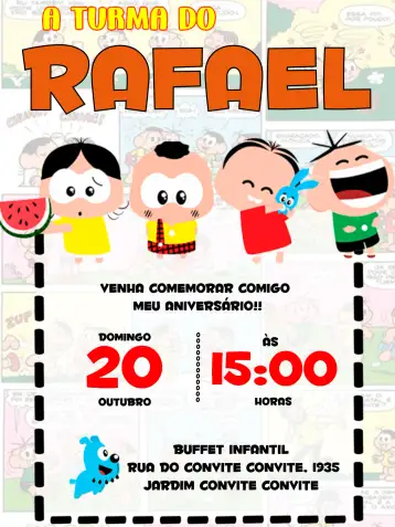 Convite Turma Da Mónica Toy para aniversário infantil – tema cumpleaños infantil (colorido, divertido, lúdico, de cómics, infantil, moderno)