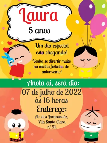 Invitación Turma Da Mónica Toy Amarillo editable y personalizable