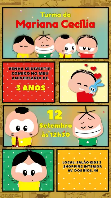 Convite Turma Da Mónica Toy Cómics para cumpleaños infantil – tema cumpleaños infantil (colorido, cómico, infantil, divertido, juguetón, moderno)