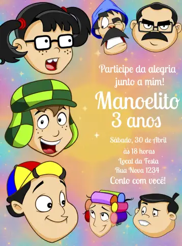 Convite El Chavo del Ocho para cumpleaños infantil. – tema cumpleaños infantil (colorido, divertido, infantil, temático, nostálgico, animado)