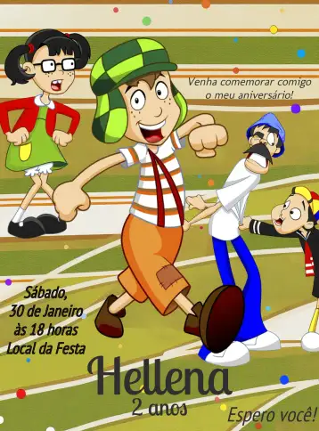 Convite Turma Del Chavo Animado para cumpleaños infantil con temática turma del chavo. – tema cumpleaños infantil (colorido, divertido, vintage, ilustrativo, brincalhão, temático)